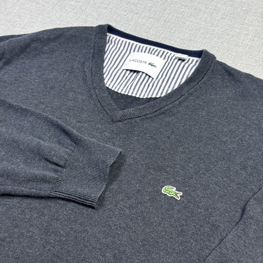 Lacoste Sweater Mens XL Gray Cotton V-Neck Tight-Knit Pullover Logo Lightweight‎